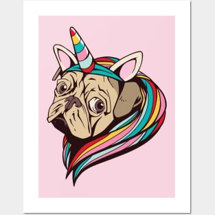 Unicorn Pug with Rainbow Hair Posters and Art